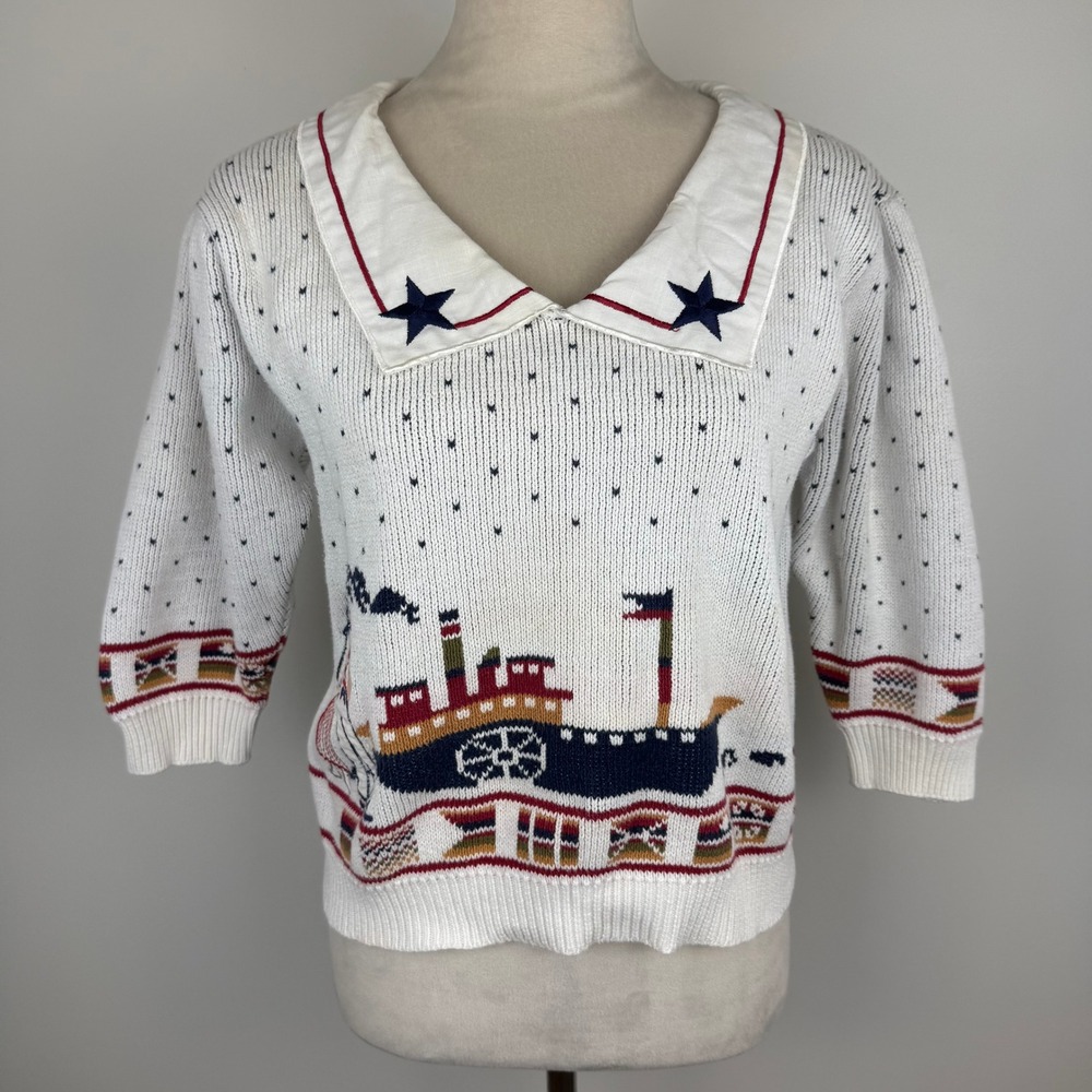 Vintage 90's Sweater Loft Nautical Steamship Sailor Collar Knit Sweater Sz Small
